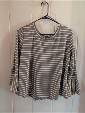 Gray and White Striped Long-Sleeve Bell Sleeve Top